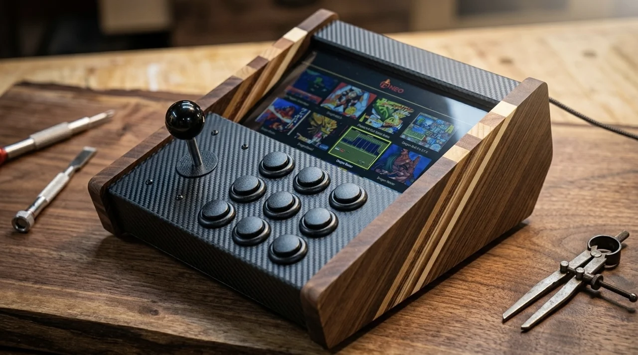 Individuelle Retro-Spielkonsole mit Holzgehäuse, Joystick, Tasten und Display